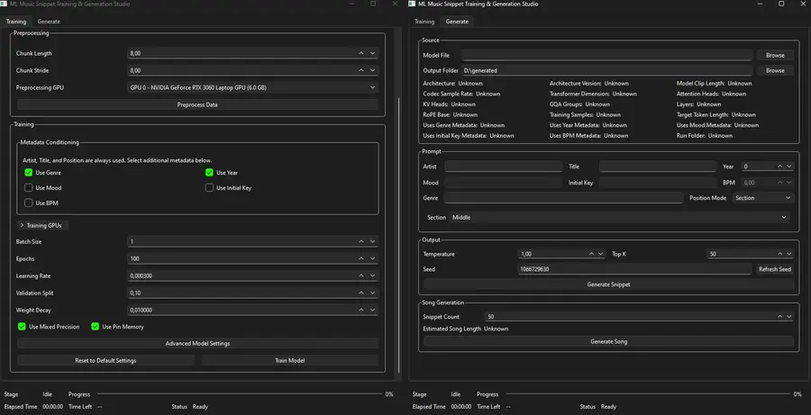 ML Music Snippet Training & Generation Studio